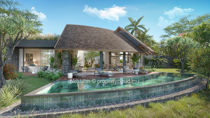 Modern villa in Beau Champ with 3 bedrooms, private pool, sea access, and close to amenities in a secured Smart City.
