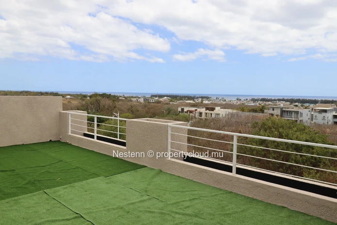 Modern house with swimming pool upstairs and sea and mountain views.
