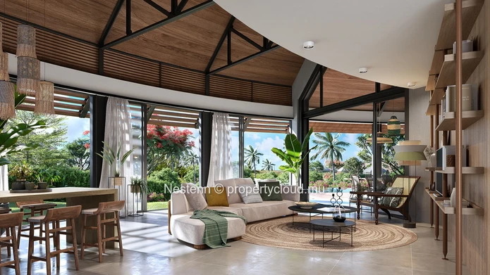 Modern villa in Beau Champ with 3 bedrooms, private pool, sea access, and close to amenities in a secured Smart City.
